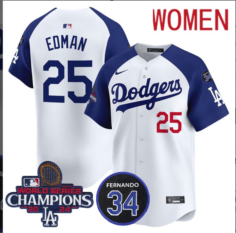 Women MLB Los Angeles Dodgers 25 Edman white 2024 World Series Champions Patch Limited Jersey style 2